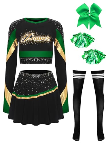 CHICTRY Cheer Leader Kostüm Damen Langarm Tanz Top Bauchfrei Oberteil Mit Faltenrock Schleife Stirnband Pompons Strümpfe Tanzkostüm Grün XXL von CHICTRY