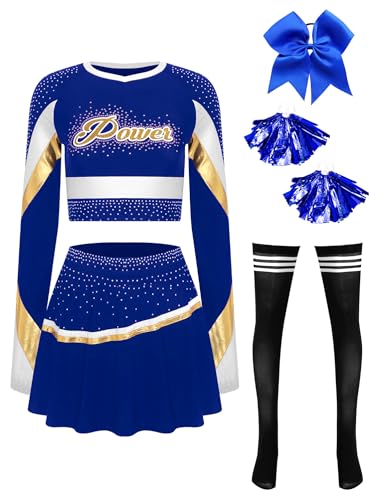 CHICTRY Cheer Leader Kostüm Damen Langarm Tanz Top Bauchfrei Oberteil Mit Faltenrock Schleife Stirnband Pompons Strümpfe Tanzkostüm Königsblau S von CHICTRY