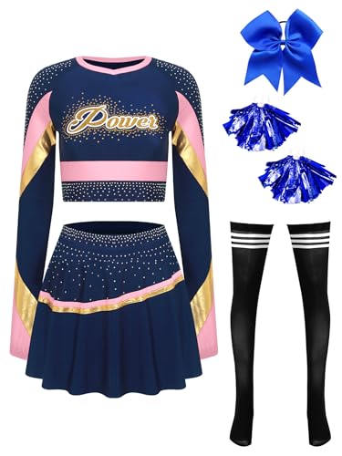 CHICTRY Cheer Leader Kostüm Damen Langarm Tanz Top Bauchfrei Oberteil Mit Faltenrock Schleife Stirnband Pompons Strümpfe Tanzkostüm Rosa XL von CHICTRY