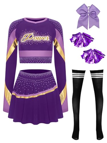 CHICTRY Cheer Leader Kostüm Damen Langarm Tanz Top Bauchfrei Oberteil Mit Faltenrock Schleife Stirnband Pompons Strümpfe Tanzkostüm Violett M von CHICTRY