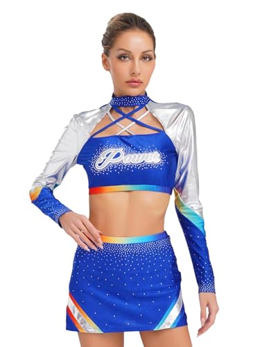 CHICTRY Cheer Leader Kostüm Damen Zweiteiler Tanzkleid Langarm Bauchfrei Crop Top Strass Glitzer Minirock Fasching Karneval Cosplay Outfit Königsblau L CHICTRY Cheer Leader Kostüm Damen Zweiteiler Tanzkleid Langarm Bauchfrei Crop Top Strass Glitzer Minirock Fasching Karneval Cosplay Outfit Königsblau L von CHICTRY