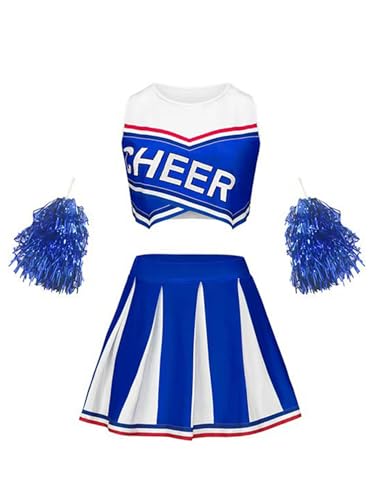 CHICTRY Cheer Leader Kostüm Kinder Mädchen BH Oberteil Kurz Tanz Top Mit Faltenrock Pompons 3tlg Tanzkostüm Für Fasching Karneval Blau 104-110 von CHICTRY