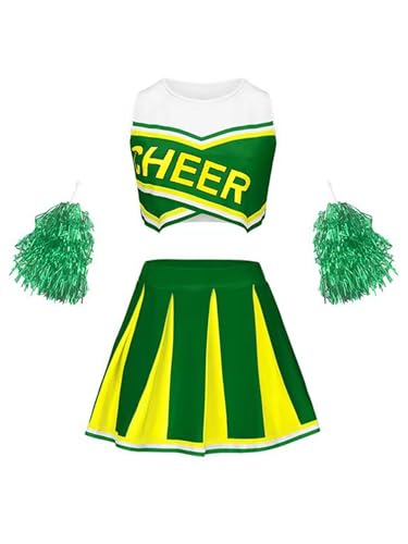 CHICTRY Cheer Leader Kostüm Kinder Mädchen BH Oberteil Kurz Tanz Top Mit Faltenrock Pompons 3tlg Tanzkostüm Für Fasching Karneval Grün 122-128 von CHICTRY