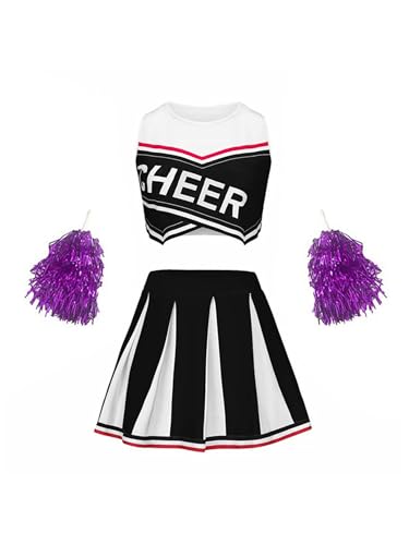 CHICTRY Cheer Leader Kostüm Kinder Mädchen BH Oberteil Kurz Tanz Top Mit Faltenrock Pompons 3tlg Tanzkostüm Für Fasching Karneval Schwarz 128-134 CHICTRY Cheer Leader Kostüm Kinder Mädchen BH Oberteil Kurz Tanz Top Mit Faltenrock Pompons 3tlg Tanzkostüm Für Fasching Karneval Schwarz 128-134 von CHICTRY