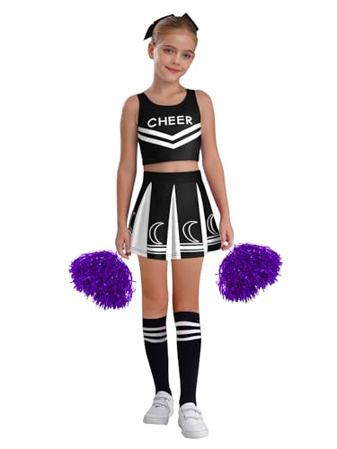 CHICTRY Cheer Leader Uniform Kinder Mädchen Tanzkleidung Set Ärmellos Tanz Top Faltenrock Pompons Strümpfe Fasching Karneval Tanzkostüm Schwarz 146-152 CHICTRY Cheer Leader Uniform Kinder Mädchen Tanzkleidung Set Ärmellos Tanz Top Faltenrock Pompons Strümpfe Fasching Karneval Tanzkostüm Schwarz 146-152 von CHICTRY