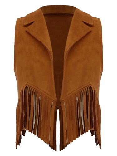 CHICTRY Cowboy Weste Kostüm Kinder Jungen Mädchen Fransenjacke 60er 70er Jahre Hippie Quasten Lederjacke Ärmellos Kurzjacke Cardigan Braun 110-116 von CHICTRY