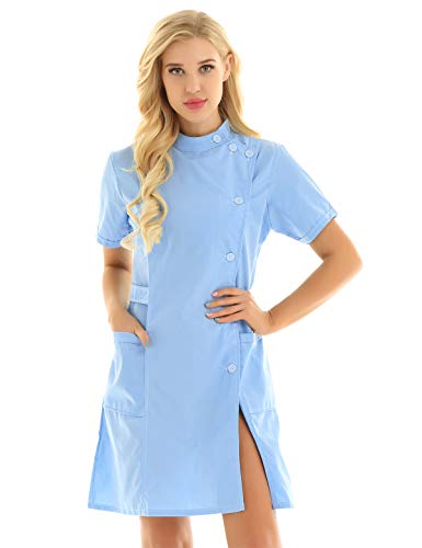 CHICTRY Damen Arztkittel Laborkittel Ärztin Krankenschwester Uniform Kleid mit Stehkragen Baumwolle Kurzarm Berufsmantel mit Tasche Cosplay Kostüm Himmelblau Medium von CHICTRY