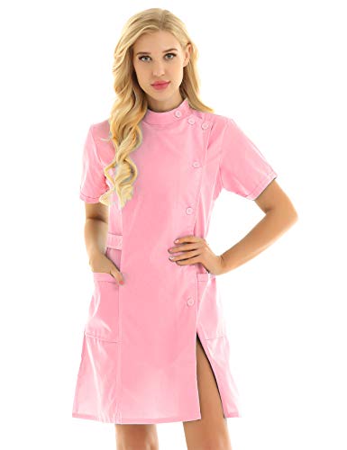 CHICTRY Damen Arztkittel Laborkittel Ärztin Krankenschwester Uniform Kleid mit Stehkragen Baumwolle Kurzarm Berufsmantel mit Tasche Cosplay Kostüm Rosa X-Large von CHICTRY