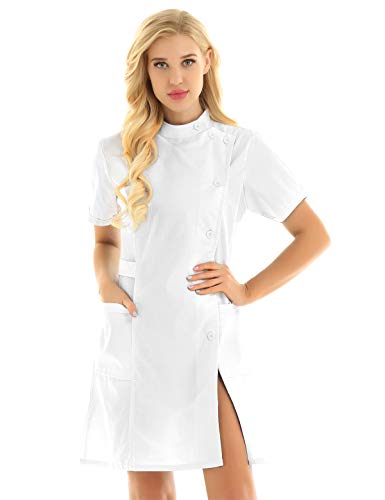 CHICTRY Damen Arztkittel Laborkittel Ärztin Krankenschwester Uniform Kleid mit Stehkragen Baumwolle Kurzarm Berufsmantel mit Tasche Cosplay Kostüm Weiß Large von CHICTRY