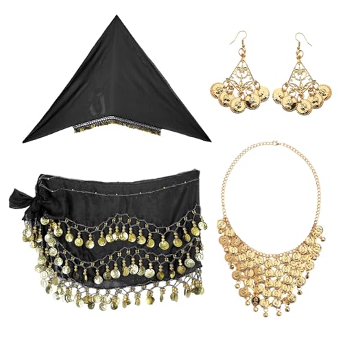 CHICTRY Damen Bauchtanz Accessoires Set Bauchtanz Münzgürtel Kopftuch Ohrring Halskette Belly Dance Outfit Fasching Karneval Schwarz Einheitsgröße CHICTRY Damen Bauchtanz Accessoires Set Bauchtanz Münzgürtel Kopftuch Ohrring Halskette Belly Dance Outfit Fasching Karneval Schwarz Einheitsgröße von CHICTRY