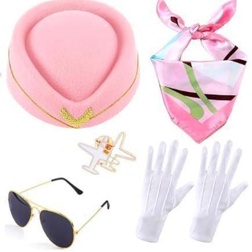 CHICTRY Damen Flugbegleiterin Kostüm Zubehör Stewardess Mütze Sonnenbrille Bunte Halstuch Handschuhe Flugzeug-Abzeichen Cosplay Kostüm Mottoparty Rosa One Size von CHICTRY