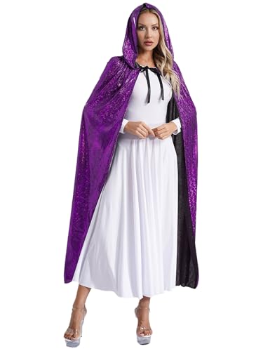 CHICTRY Damen Karneval Halloween Kapuzenumhang Pailletten Glitzer Robe Shimmer Cape Lang Cosplay Requisiten Für Fasching Mottoparty Violett M von CHICTRY