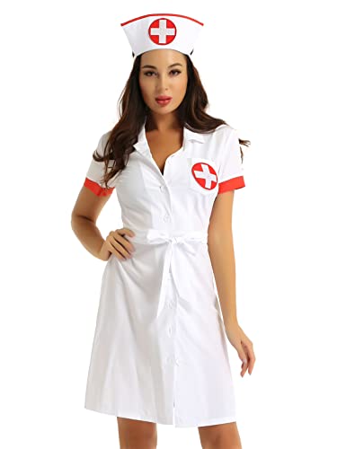 CHICTRY Damen Kittel Laborkittel Arztkittel Krankenschwester Kostüm Kleid Mantel mit V-Ausschnitt Wissenschaftslabor Studenten Cosplay Gr. S-3XL Weiß A ML von CHICTRY