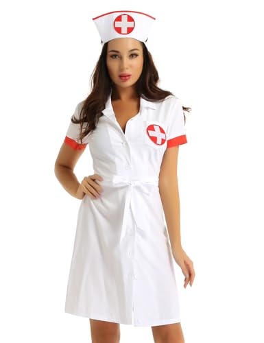 CHICTRY Damen Kittel Laborkittel Arztkittel Krankenschwester Kostüm Kleid Mantel mit V-Ausschnitt Wissenschaftslabor Studenten Cosplay Gr. S-3XL Weiß A XL von CHICTRY