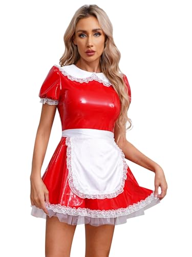 CHICTRY Damen Kostüm Dienstmädchen Uniform Lack Leder Kleid Minikleid Cosplay Outfits Dessous Set 3Pcs Nachtkleid mit Halsband Gr. S-XXL Rot C XL von CHICTRY