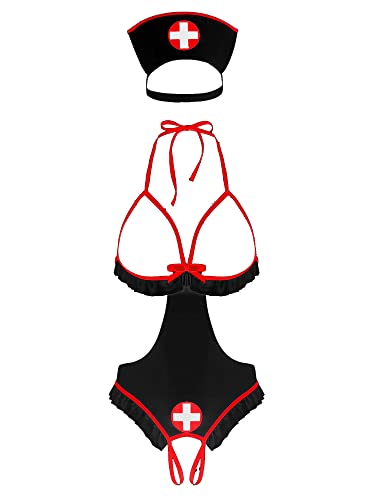 CHICTRY Damen Krankenschwester Dessous Ouvert Body Bodysuit Cosplay-Kostüm Strappy Uniform Versuchung Sexy Lingerie Anzug mit Stirnband Schwarz A XXL von CHICTRY