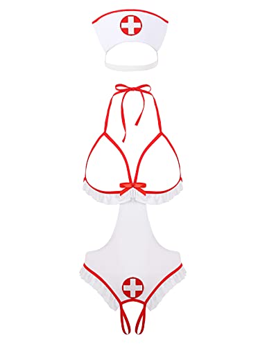 CHICTRY Damen Krankenschwester Dessous Ouvert Body Bodysuit Cosplay-Kostüm Strappy Uniform Versuchung Sexy Lingerie Anzug mit Stirnband Weiß A XL von CHICTRY