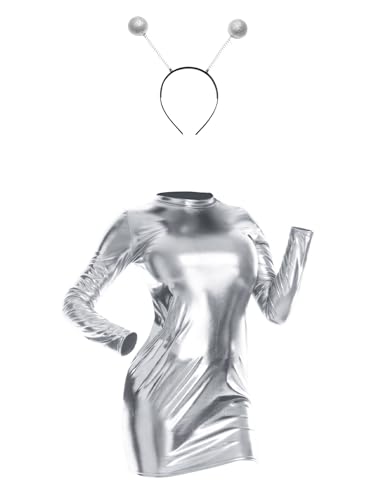 CHICTRY Damen Space Girl Alien Kostüm Karneval Metallic Kleider Langarm Partykleid Mit Alien Stirnband 2pcs Disco Club Verkleidung B Silber M CHICTRY Damen Space Girl Alien Kostüm Karneval Metallic Kleider Langarm Partykleid Mit Alien Stirnband 2pcs Disco Club Verkleidung B Silber M von CHICTRY