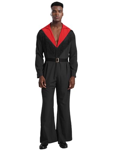 CHICTRY Disco Kostüm Herren Overall Langarm Fransen Jumpsuit Mit Gürtel Tief V-Ausschnitt Oberteil Stretch Schlaghose Weites Bein Tanzkostüm Schwarz S CHICTRY Disco Kostüm Herren Overall Langarm Fransen Jumpsuit Mit Gürtel Tief V-Ausschnitt Oberteil Stretch Schlaghose Weites Bein Tanzkostüm Schwarz S von CHICTRY