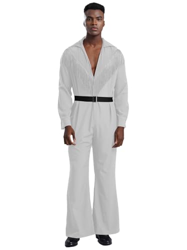 CHICTRY Disco Kostüm Herren Overall Langarm Fransen Jumpsuit Mit Gürtel Tief V-Ausschnitt Oberteil Stretch Schlaghose Weites Bein Tanzkostüm Weiß XXL CHICTRY Disco Kostüm Herren Overall Langarm Fransen Jumpsuit Mit Gürtel Tief V-Ausschnitt Oberteil Stretch Schlaghose Weites Bein Tanzkostüm Weiß XXL von CHICTRY