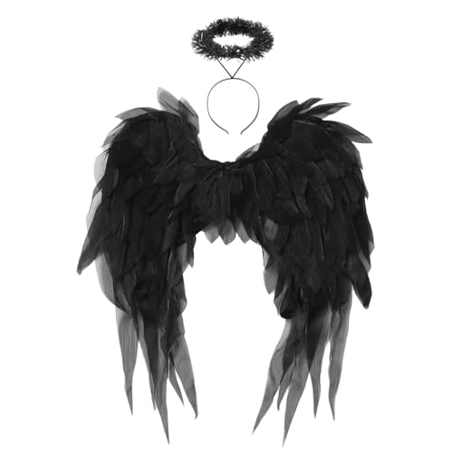 CHICTRY Engelflügel Aus Federn Und Glitzerhaarreif Weißdunkle Engelsflügel Für Halloween Weihnachten Fancy Dress Schwarzes Set Einheitsgröße von CHICTRY