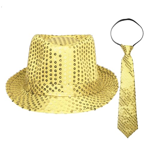 CHICTRY Erwachsene Paillette Hut mit Krawatte Set Jazz Hut Retro Kopfbedeckung für Weihnachten Cosplay Performance Dress-Up Requisite Zubehör Gold L von CHICTRY