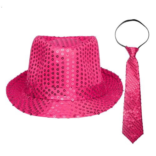 CHICTRY Erwachsene Paillette Hut mit Krawatte Set Jazz Hut Retro Kopfbedeckung für Weihnachten Cosplay Performance Dress-Up Requisite Zubehör Hot Pink L von CHICTRY