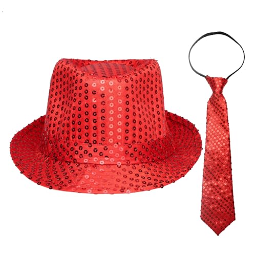 CHICTRY Erwachsene Paillette Hut mit Krawatte Set Jazz Hut Retro Kopfbedeckung für Weihnachten Cosplay Performance Dress-Up Requisite Zubehör Rot L von CHICTRY