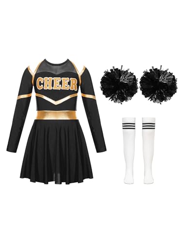 CHICTRY Fasching Kostüm Mädchen Cheerleaderin Kleid Langarm Metallic CHEER Print Tanzkleid Mit Pompons Strümpfe 3tlg Tanzkostüm Ein Weiß&Schwarz 158-164 von CHICTRY