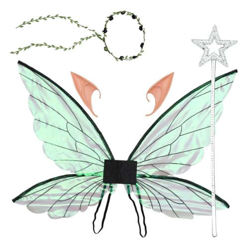 CHICTRY Feen Elfen Kostümset Glitzernde Durchsichtige Elfenflügel Blumengirlande Und Sternenzauberstab Für Halloween Schwarzes Set Einheitsgröße von CHICTRY