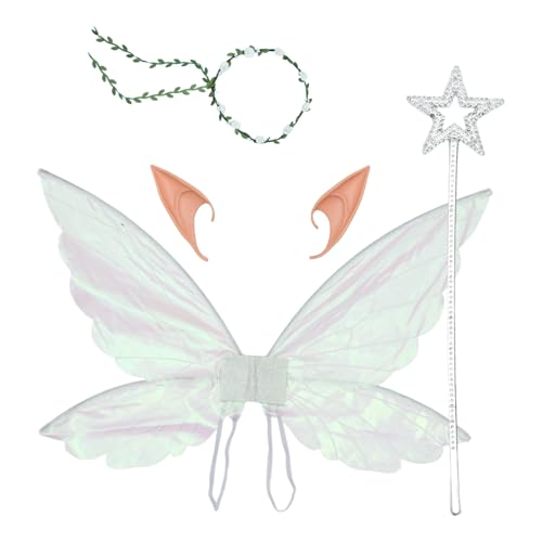 CHICTRY Feen Elfen Kostümset Glitzernde Durchsichtige Elfenflügel Blumengirlande Und Sternenzauberstab Für Halloween Weißes Set Einheitsgröße CHICTRY Feen Elfen Kostümset Glitzernde Durchsichtige Elfenflügel Blumengirlande Und Sternenzauberstab Für Halloween Weißes Set Einheitsgröße von CHICTRY