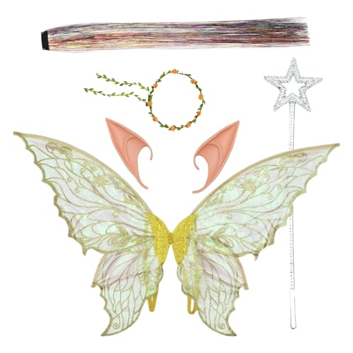 CHICTRY Feen Kostüm Set Glitzernde Schmetterlingsflügel Prinzessin Girlande Und Stern Zauberstab Haar Glitzer Für Halloween Gold Einheitsgröße von CHICTRY