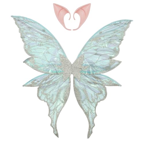 CHICTRY Glänzende Goldstempel Blume Fee Flügel Schmetterling Elfenflügel mit Elfenohren für Halloween Party Silber One Size von CHICTRY