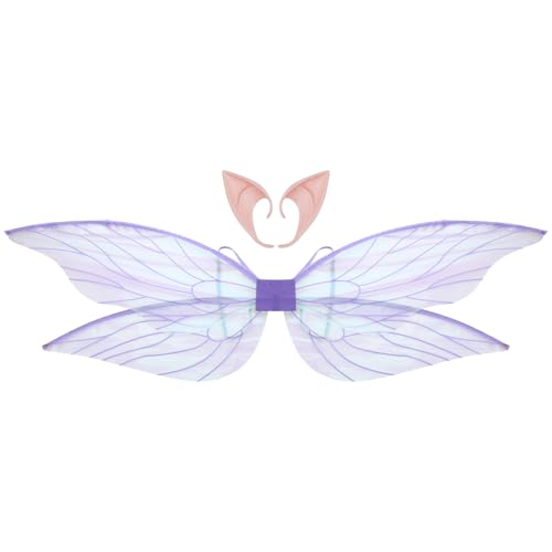 CHICTRY Glitzernde Libellenflügel Feenelfenflügel Mit Elfenohren Für Halloween Kostümparty Lila Einheitsgröße von CHICTRY