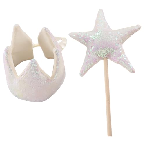 CHICTRY Glitzernde Paillettenkrone Prinzessin Geburtstag Hut und Star Zauberstab für kleine Mädchen Kinder Party Requisiten Weiß One Size von CHICTRY