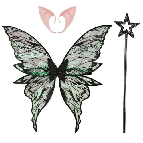 CHICTRY Glitzernde Schiere Blume Fee Flügel Schmetterling Elf Flügel mit Elf Ohren Fee Stick für Halloween Party Schwarz Schwarz One Size von CHICTRY