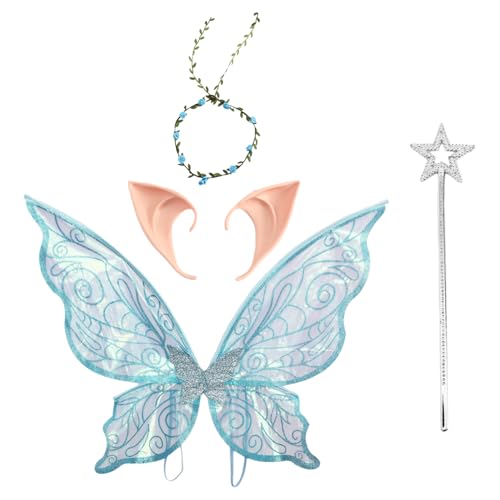 CHICTRY Glitzernde Schmetterlingsflügel Blumengirlande Kronen und Feenstab für Geburtstagsparty Fotorequisite Blaues Set One Size CHICTRY Glitzernde Schmetterlingsflügel Blumengirlande Kronen und Feenstab für Geburtstagsparty Fotorequisite Blaues Set One Size von CHICTRY
