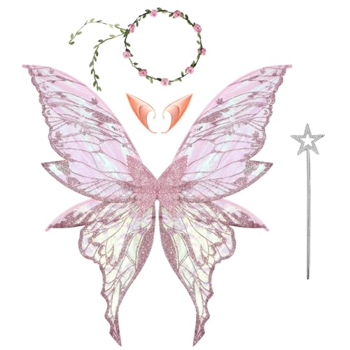 CHICTRY Glitzernde Schmetterlingsflügel Elfenohren Blumengirlande und Feenstab für Geburtstagsparty Fotorequisite Rosa One Size von CHICTRY