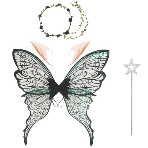 CHICTRY Glitzernde Schmetterlingsflügel Feenkostüm-Set mit Blumenkrone, Elfenohren und Feenstab für Halloween-Party Schwarzes Set Einheitsgröße von CHICTRY