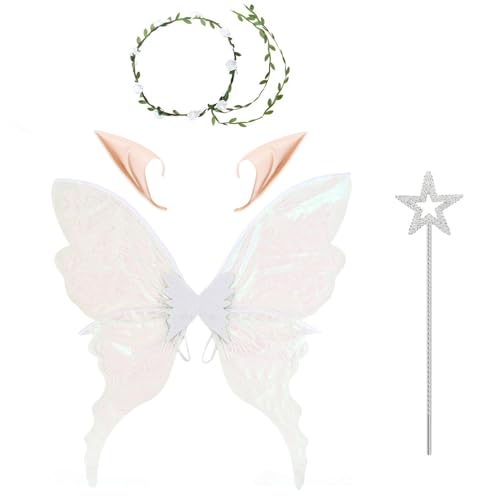 CHICTRY Glitzernde Schmetterlingsflügel Feenkostüm-Set mit Blumenkrone, Elfenohren und Feenstab für Halloween-Party Weißes Set Einheitsgröße CHICTRY Glitzernde Schmetterlingsflügel Feenkostüm-Set mit Blumenkrone, Elfenohren und Feenstab für Halloween-Party Weißes Set Einheitsgröße von CHICTRY