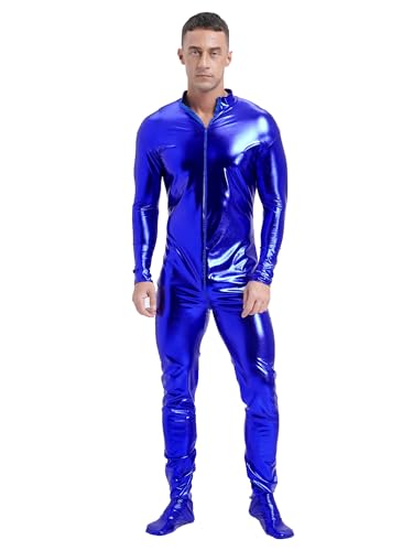 CHICTRY Herren Metallic Body Ganzkörper Overall Langarm Jumpsuit Glänzend Ganzkörperanzug Party Disco Kostüm Blau 3XL von CHICTRY