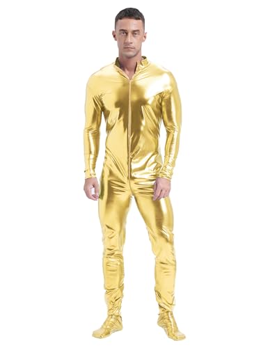 CHICTRY Herren Metallic Body Ganzkörper Overall Langarm Jumpsuit Glänzend Ganzkörperanzug Party Disco Kostüm Gold 3XL von CHICTRY