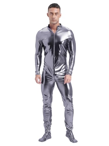 CHICTRY Herren Metallic Body Ganzkörper Overall Langarm Jumpsuit Glänzend Ganzkörperanzug Party Disco Kostüm Grau XL von CHICTRY