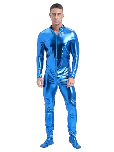 CHICTRY Herren Metallic Body Ganzkörper Overall Langarm Jumpsuit Glänzend Ganzkörperanzug Party Disco Kostüm Himmelblau XL von CHICTRY