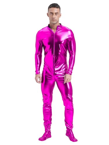 CHICTRY Herren Metallic Body Ganzkörper Overall Langarm Jumpsuit Glänzend Ganzkörperanzug Party Disco Kostüm Hot Pink XXL von CHICTRY