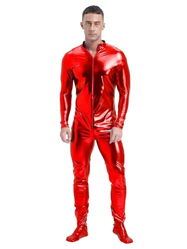CHICTRY Herren Metallic Body Ganzkörper Overall Langarm Jumpsuit Glänzend Ganzkörperanzug Party Disco Kostüm Rot L von CHICTRY