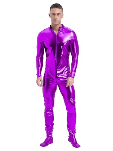 CHICTRY Herren Metallic Body Ganzkörper Overall Langarm Jumpsuit Glänzend Ganzkörperanzug Party Disco Kostüm Violett L von CHICTRY