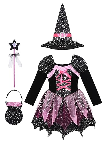 CHICTRY Hexen Kostüm Kinder Mädchen Halloween Zauber Komplett Set Langarm Hexenkleid & Hexenhut & Bonbontüte & Zauberstab Für Fasching Party Cosplay Schwarz Set 92-98 von CHICTRY