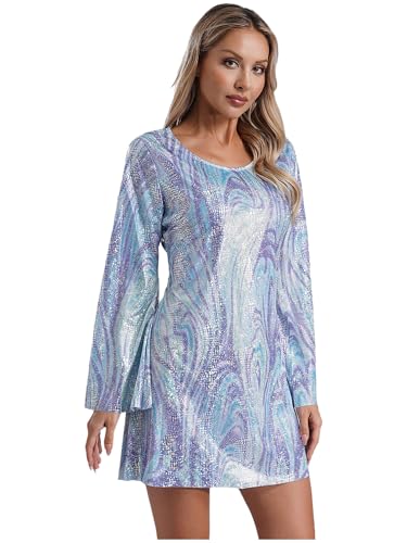 CHICTRY Hippie Kostüm Damen 60er 70er Jahre Kleid Lang Ausgestellter Ärmel Disco Kleid Pailletten Glitzer Partykleid Tie Dye Motiv Festival Outfit Blau M von CHICTRY
