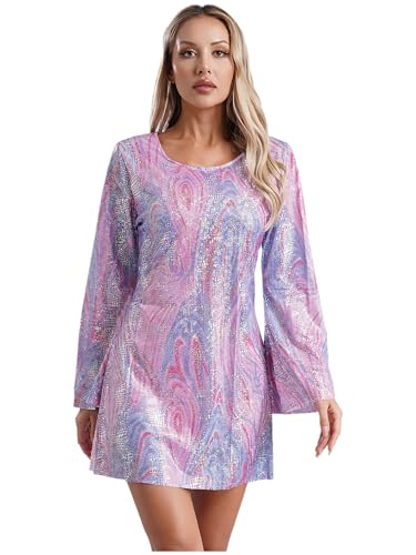 CHICTRY Hippie Kostüm Damen 60er 70er Jahre Kleid Lang Ausgestellter Ärmel Disco Kleid Pailletten Glitzer Partykleid Tie Dye Motiv Festival Outfit Rosa M von CHICTRY